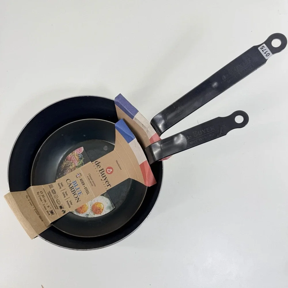 2 Piece Set - de Buyer Blue Carbon Steel Fry Pan 2mm Thick 9.5